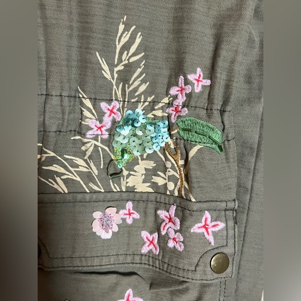 Anthropologie Embroidered Olive Utility Jacket - spring jacket lightweight S - L - Picture 5 of 9